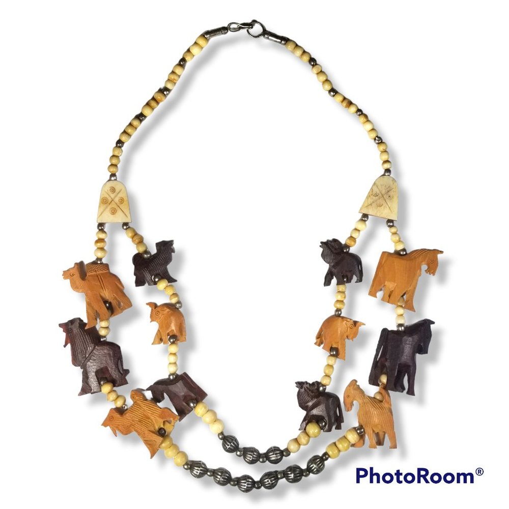 Vintage Hand Carved Wooden & Bone Animal Double Strand Necklace India